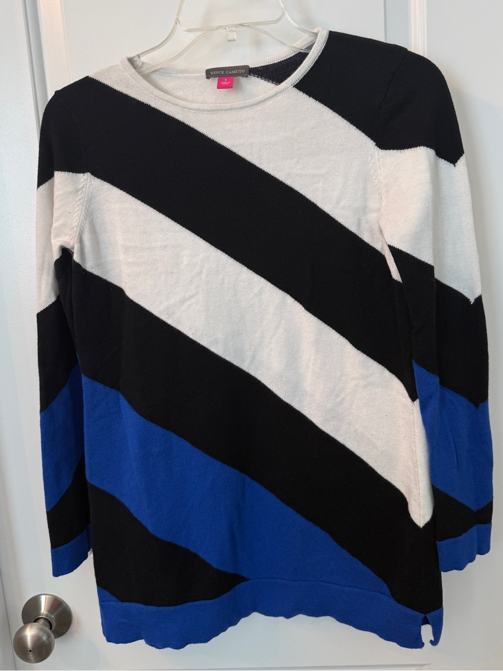 Vince Camuto Black White Blue Diagonal Stripe Crew Sweater, Size S